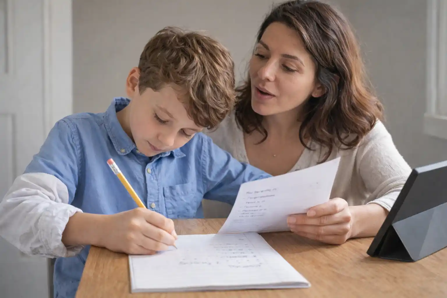 Niño escribiendo acompañado de su madre después del uso de pantalla - Dirección estratégica con IA generativa
