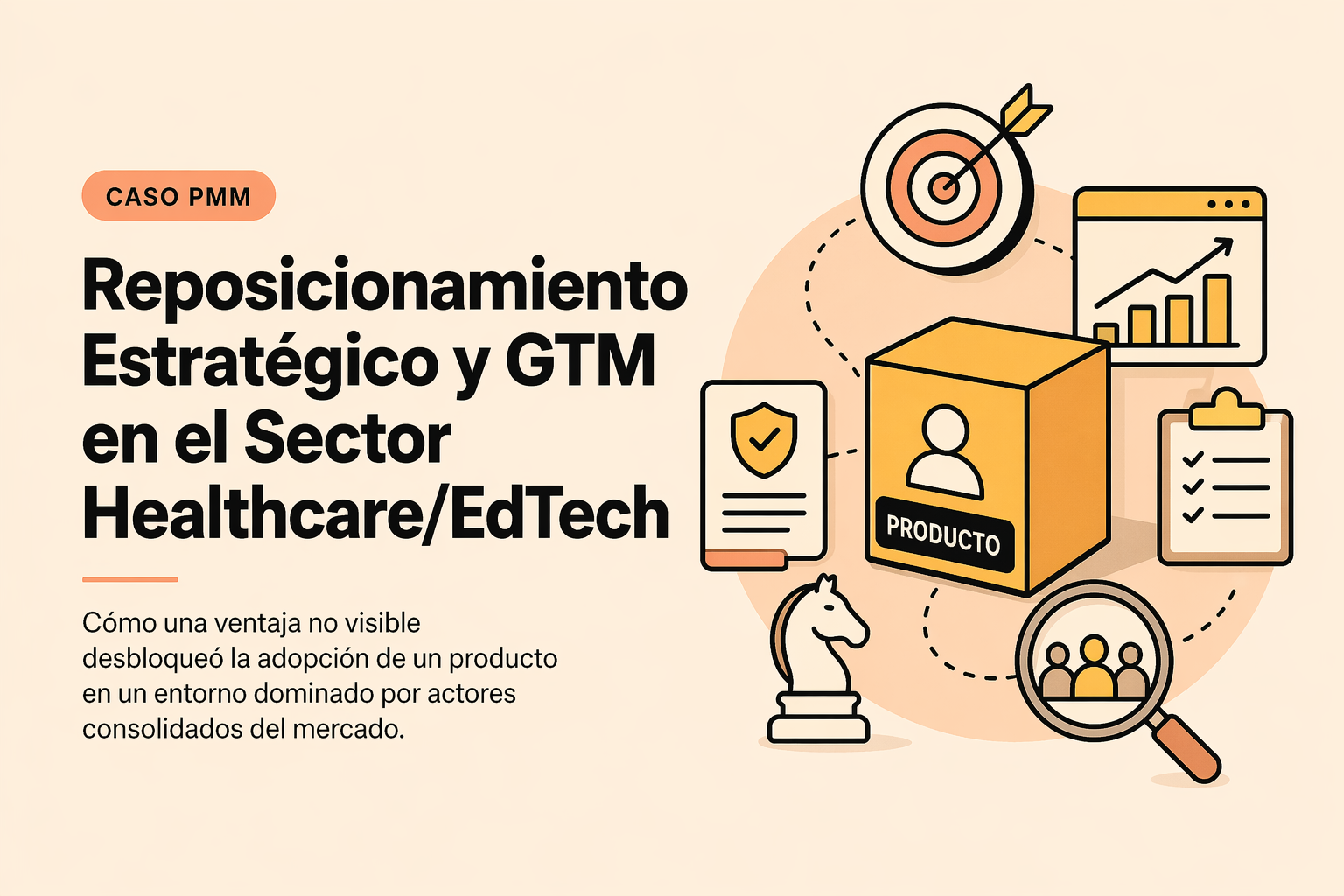 Visualización de estrategia de Product Marketing y GTM en sector healthcare y edtech que muestra cómo el reposicionamiento de una ventaja no visible activa la demanda y mejora la adopción del producto