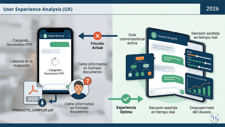 Análisis de UX financiera (2026): Contraste entre el modelo informativo pasivo (latencia y entrega de documentos complejos) y el modelo de diseño conductual asertivo (Asesor Virtual IA, Choice Architecture interactiva y Empowerment del usuario).